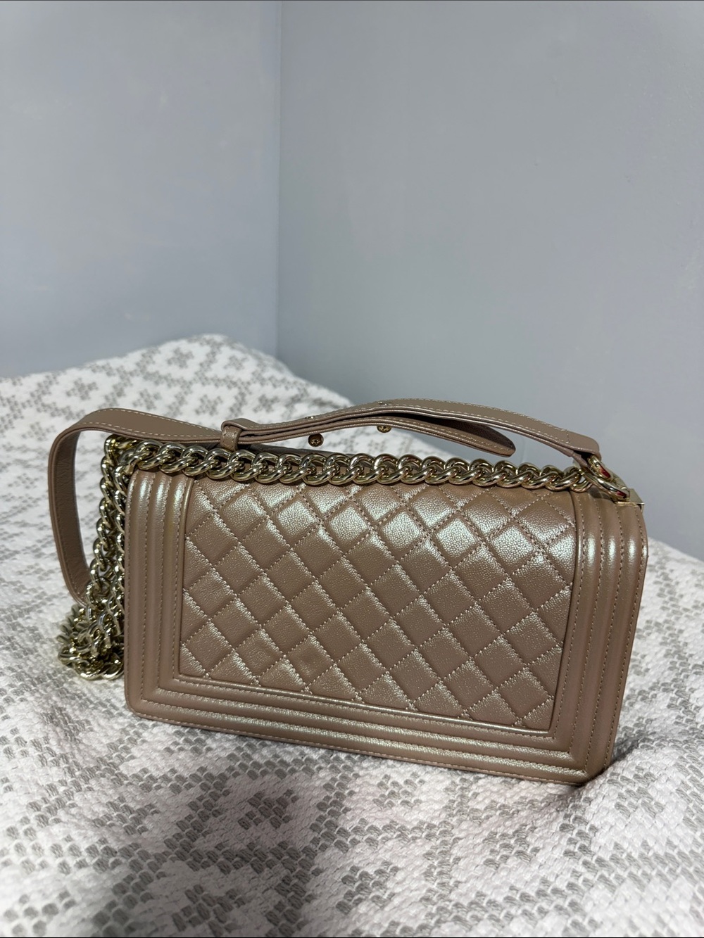 CHANEL Quilted Lambskin Boy Shoulder Bag in Taupe Beige with Silver Hardware - Picture 5 of 9